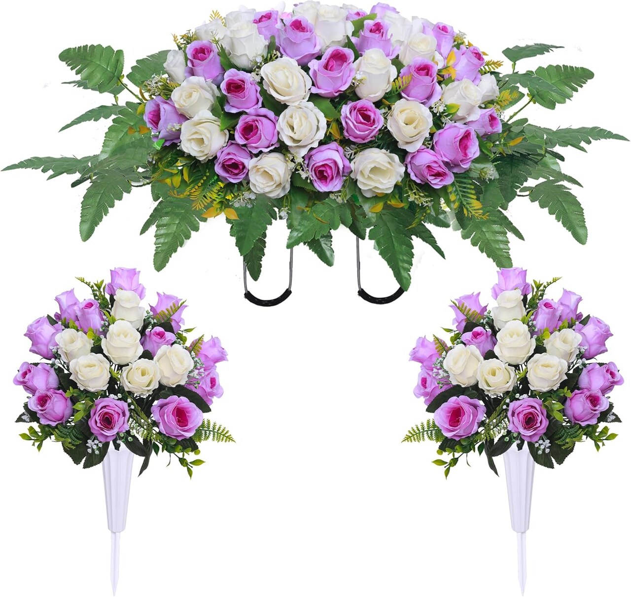 3 Pcs Artificial Cemetery Flower Saddles, Rose Headstone Flower Saddle,Cemetery Memorial Flowers with Vase for Outdoor Grave Tombstone Decorations  (Purple White)